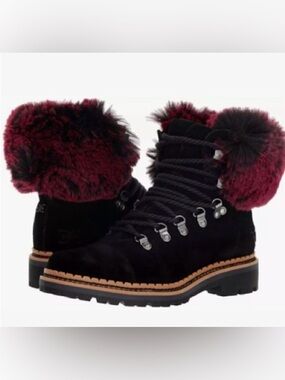 Sam Edelman Women's Bowen Black Suede Raspberry Wine Faux Fur Boots Size 6